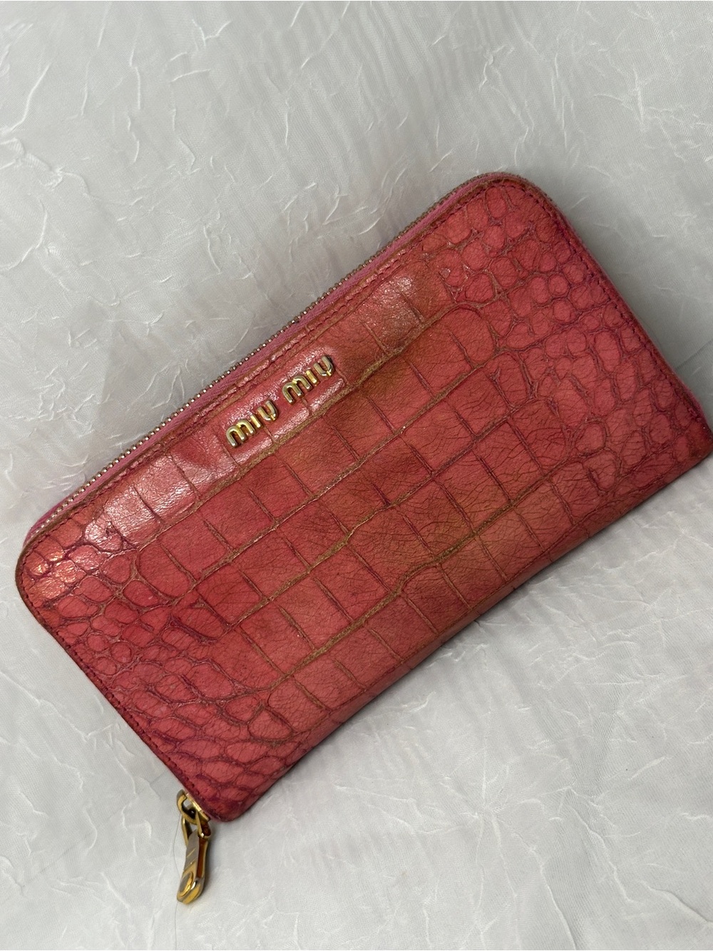 Miu Miu Croc-Embossed Pink Zip Wallet